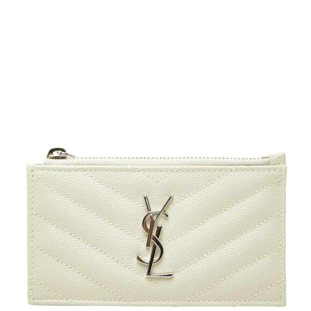 Saint Laurent Cassandra YSL Fragment Case Zip Card Ivory White Silver Leather
